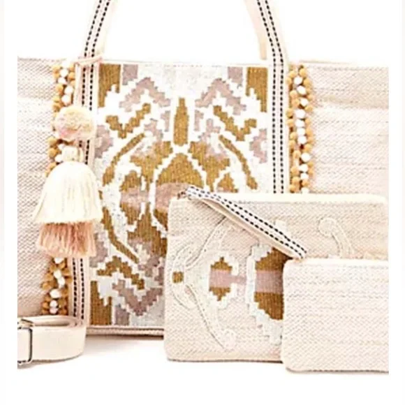 White And Gold Embellished Tote 3 PC Set - Picture 1 of 7